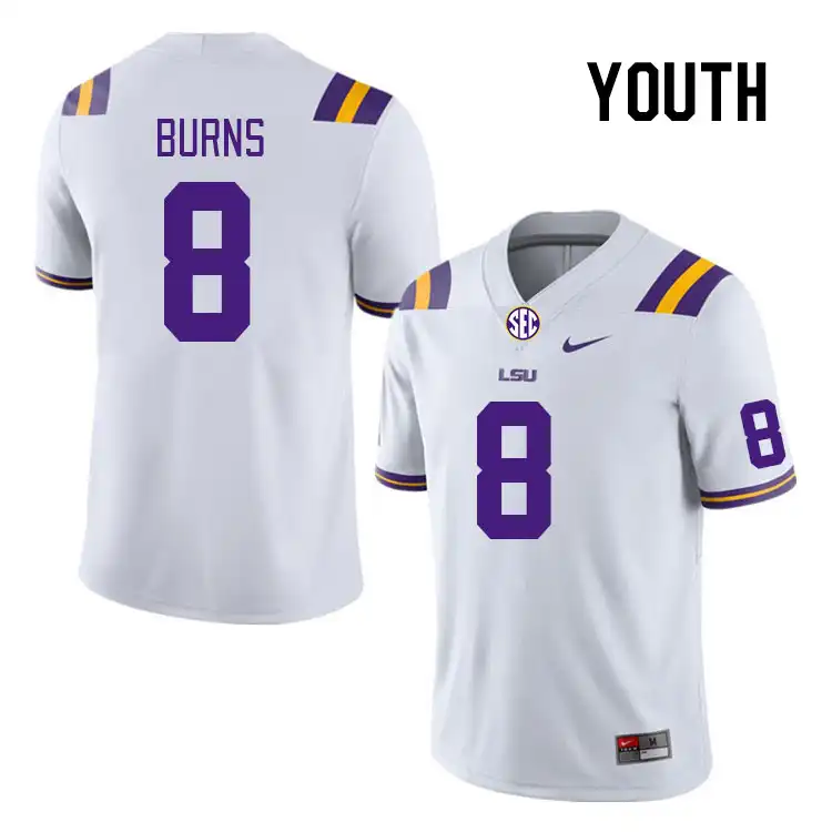 Youth LSU Tigers Major Burns #8 White NCAA Football Jersey